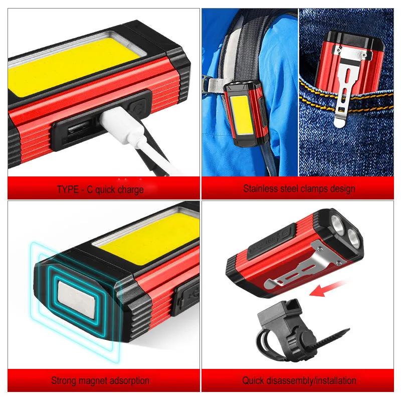 Bicycle Led Work Auto Repair Light Usb Rechargeable Cycling Light Outdoor Multi-Function Cob Bright Flashlight