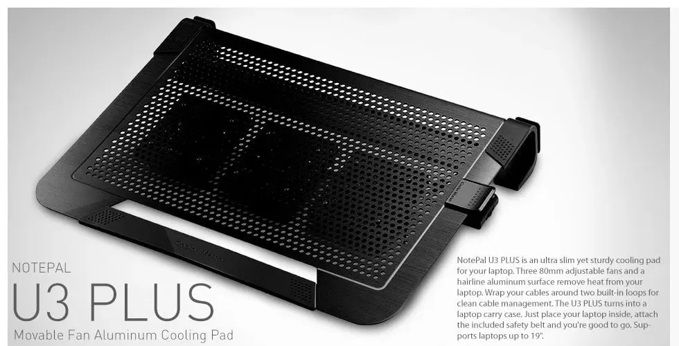 CM Stand U3 PLUS 19'' Notebook Cooling Stand; Black  Aluminum; 3 x 80mm Fans; Ergonomic design; Turns into Carry Ca