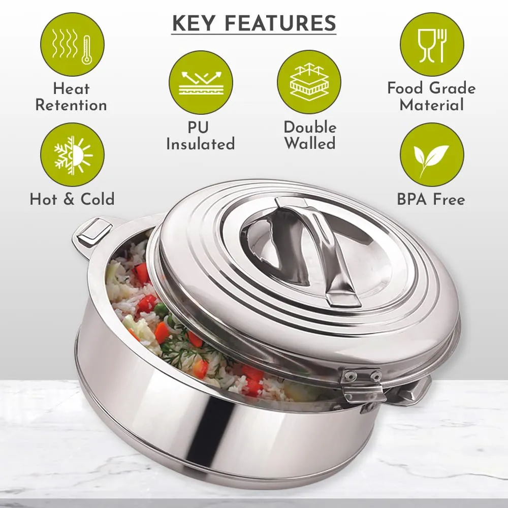 Magnus Rio Hot & Cold Double Walled Stainless Steel Casserole, 2000 ML, Silver | PU Insulated | Hot & Cold | Hygiene | Odourless | Stylish Design | Versatile Use