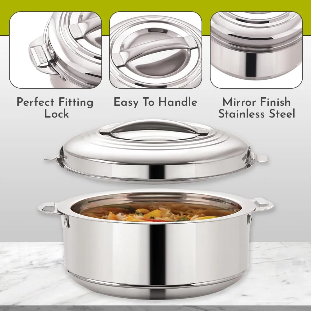 Magnus Rio Hot & Cold Double Walled Stainless Steel Casserole, 2000 ML, Silver | PU Insulated | Hot & Cold | Hygiene | Odourless | Stylish Design | Versatile Use