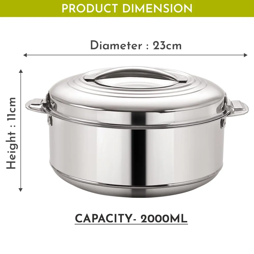 Magnus Rio Hot & Cold Double Walled Stainless Steel Casserole, 2000 ML, Silver | PU Insulated | Hot & Cold | Hygiene | Odourless | Stylish Design | Versatile Use