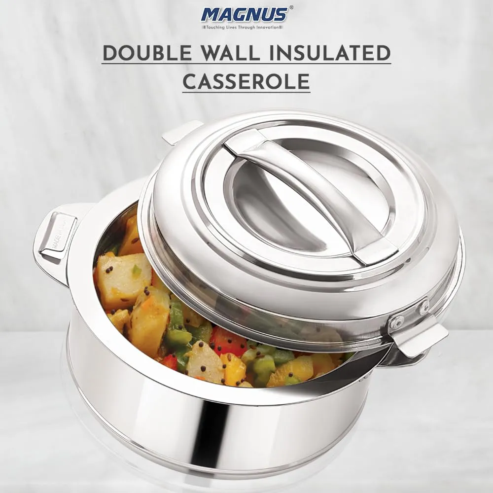 Magnus Rio Hot & Cold Double Walled Stainless Steel Casserole, 2000 ML, Silver | PU Insulated | Hot & Cold | Hygiene | Odourless | Stylish Design | Versatile Use