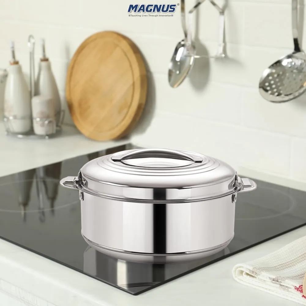 Magnus Rio Hot & Cold Double Walled Stainless Steel Casserole, 2000 ML, Silver | PU Insulated | Hot & Cold | Hygiene | Odourless | Stylish Design | Versatile Use