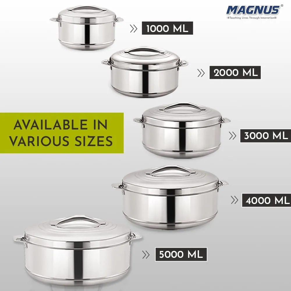 Magnus Rio Hot & Cold Double Walled Stainless Steel Casserole, 2000 ML, Silver | PU Insulated | Hot & Cold | Hygiene | Odourless | Stylish Design | Versatile Use