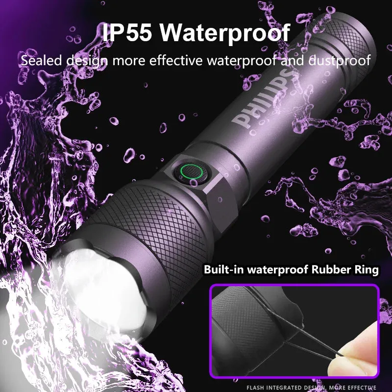Philips Portable Flashlight 550 Lumens Rechargeable LED Flashlights with Aluminum Alloy Material for Self Defense Camping Hiking