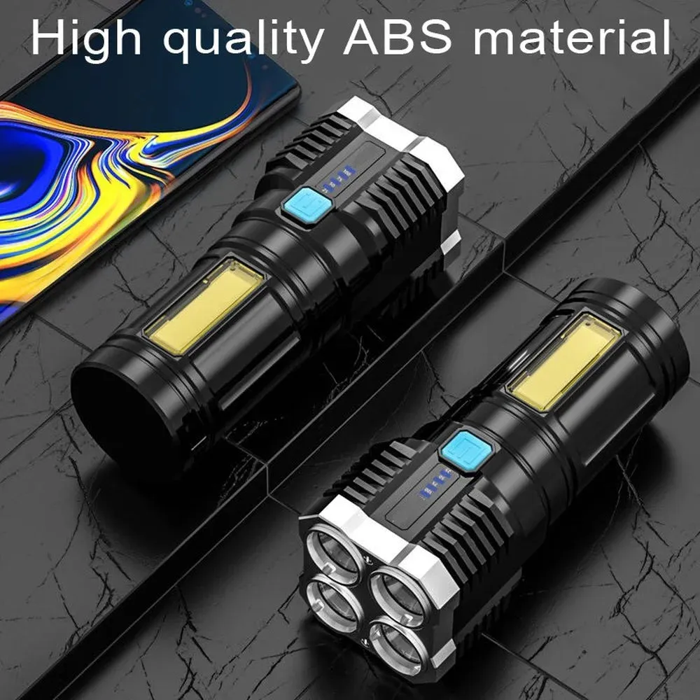 Portable Bright Flashlight 4 LED Heads Torches Camping Light Lamp USB Rechargeable with Power Display and COB Side Floodlights