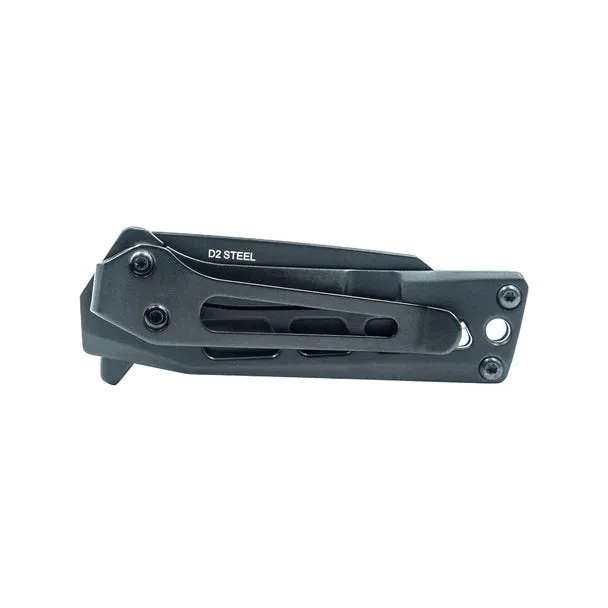 StatGear Slinger EDC Flipper Folding Knife 2in D2 Steel Blade Stainless Steel Handles - Black