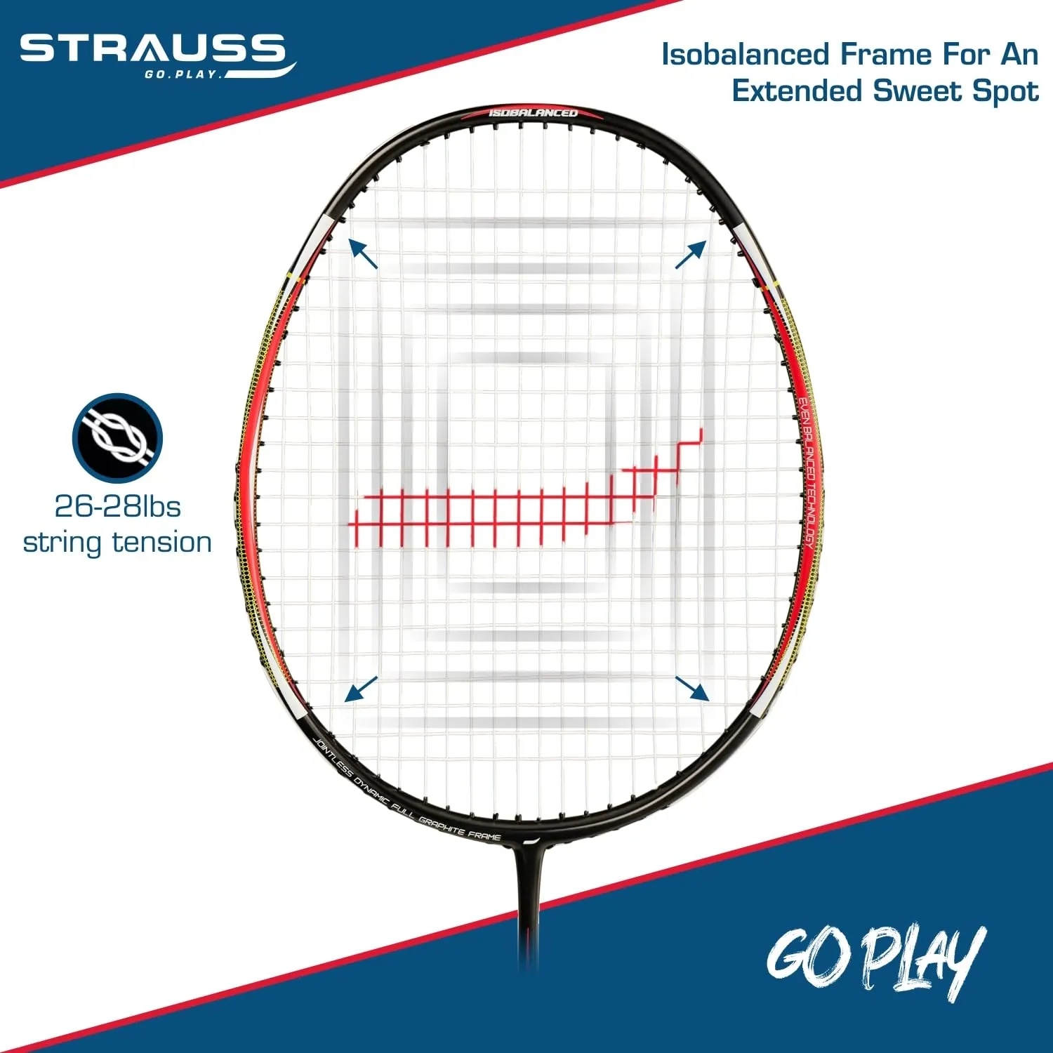 Strauss Pace-7000 Full Graphite Badminton Racquet with Carry Bag| Lightweight 90g| High-Performance Racket for Professionals and Beginners| Enhanced Grip Handle |Pack of 1,(Red Strung)