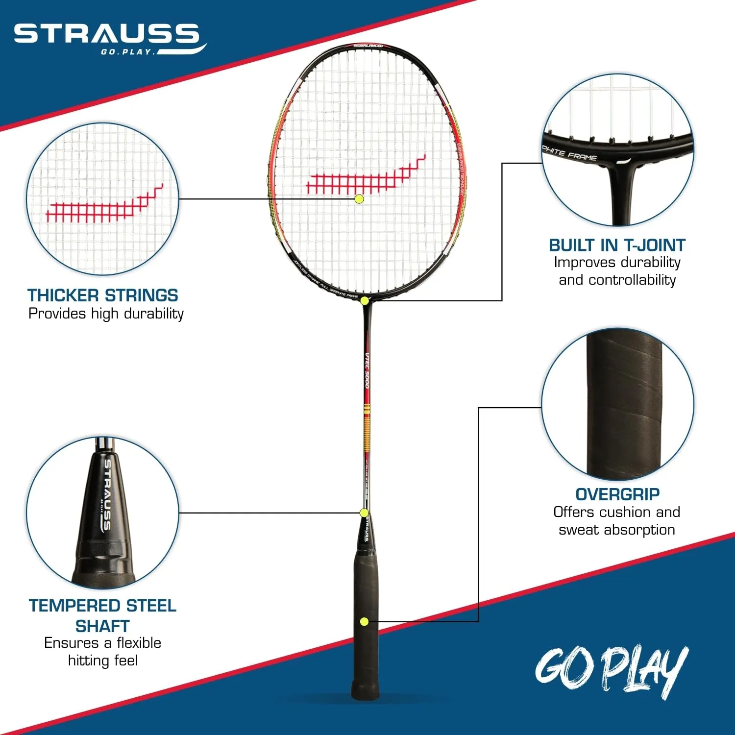 Strauss Pace-7000 Full Graphite Badminton Racquet with Carry Bag| Lightweight 90g| High-Performance Racket for Professionals and Beginners| Enhanced Grip Handle |Pack of 1,(Red Strung)