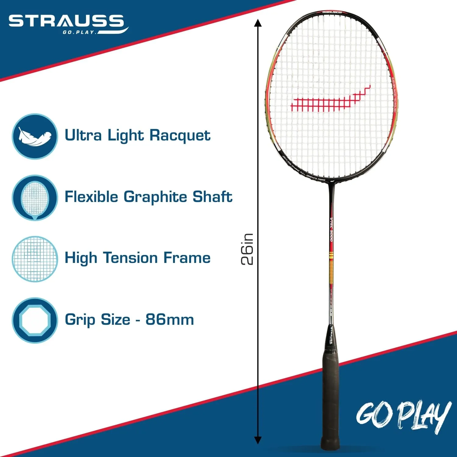 Strauss Pace-7000 Full Graphite Badminton Racquet with Carry Bag| Lightweight 90g| High-Performance Racket for Professionals and Beginners| Enhanced Grip Handle |Pack of 1,(Red Strung)