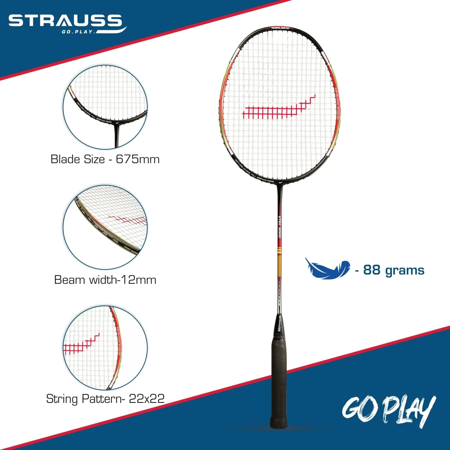 Strauss Pace-7000 Full Graphite Badminton Racquet with Carry Bag| Lightweight 90g| High-Performance Racket for Professionals and Beginners| Enhanced Grip Handle |Pack of 1,(Red Strung)