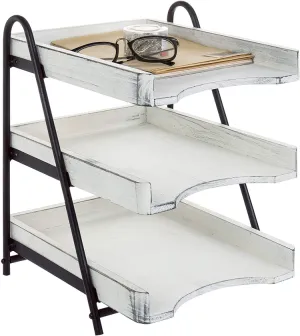Vintage White Wood Desktop Document Tray, 3-Tiers