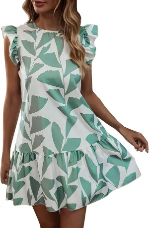 Women 2024 Summer Floral Dresses Outdoor Elegant Beach Vacation Dress Flutter Sleeve Ruffle Loose Casual Mini Sundress