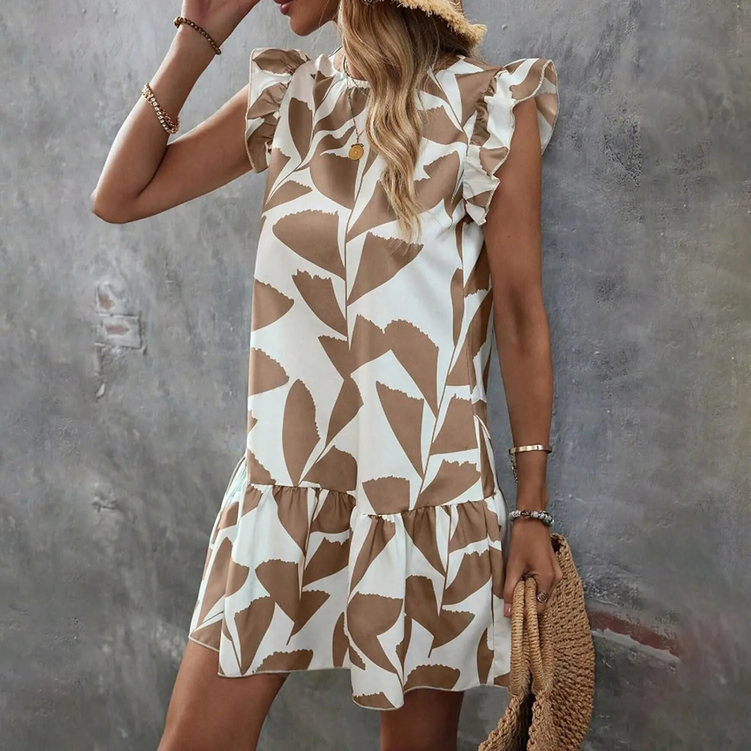 Women 2024 Summer Floral Dresses Outdoor Elegant Beach Vacation Dress Flutter Sleeve Ruffle Loose Casual Mini Sundress