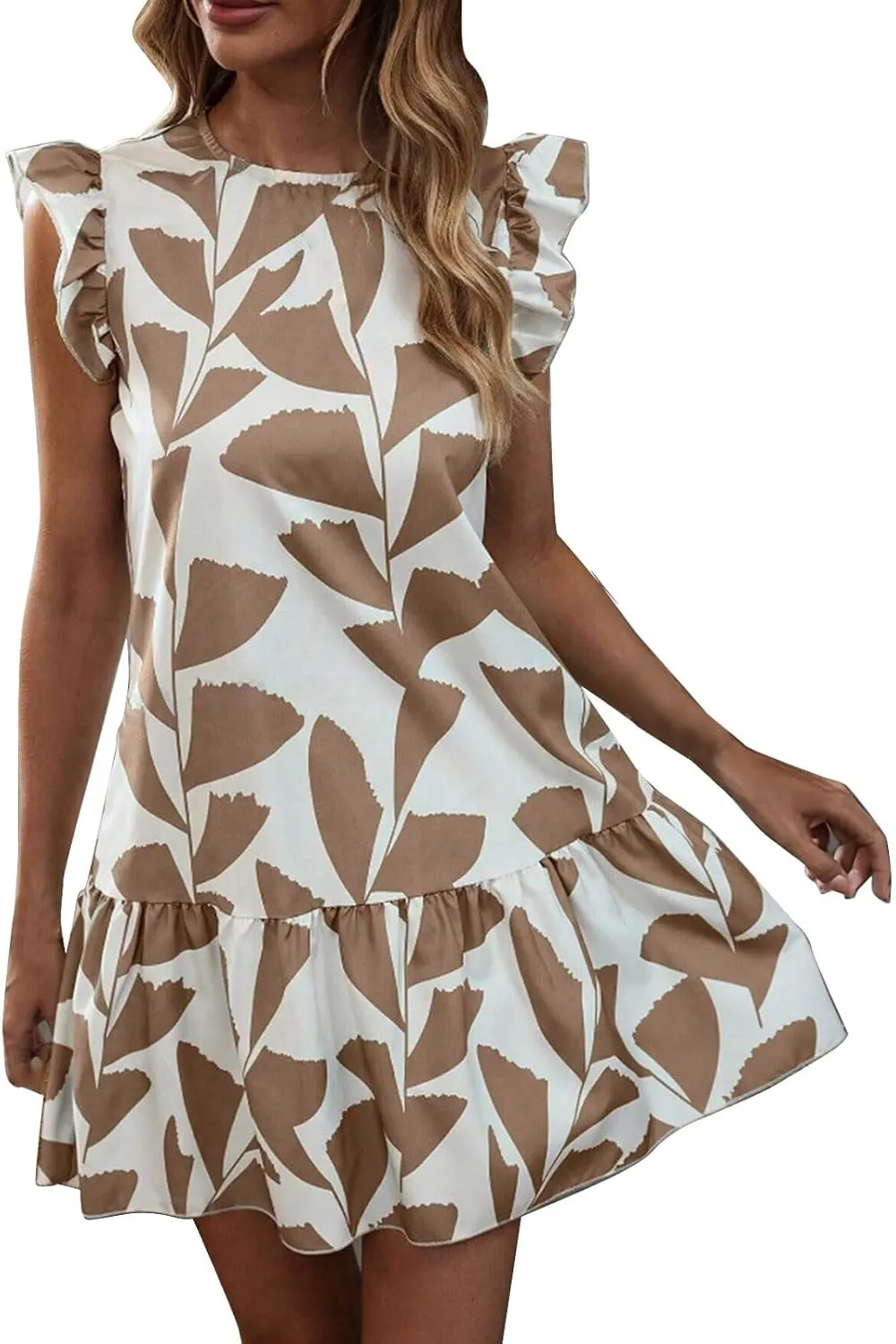 Women 2024 Summer Floral Dresses Outdoor Elegant Beach Vacation Dress Flutter Sleeve Ruffle Loose Casual Mini Sundress