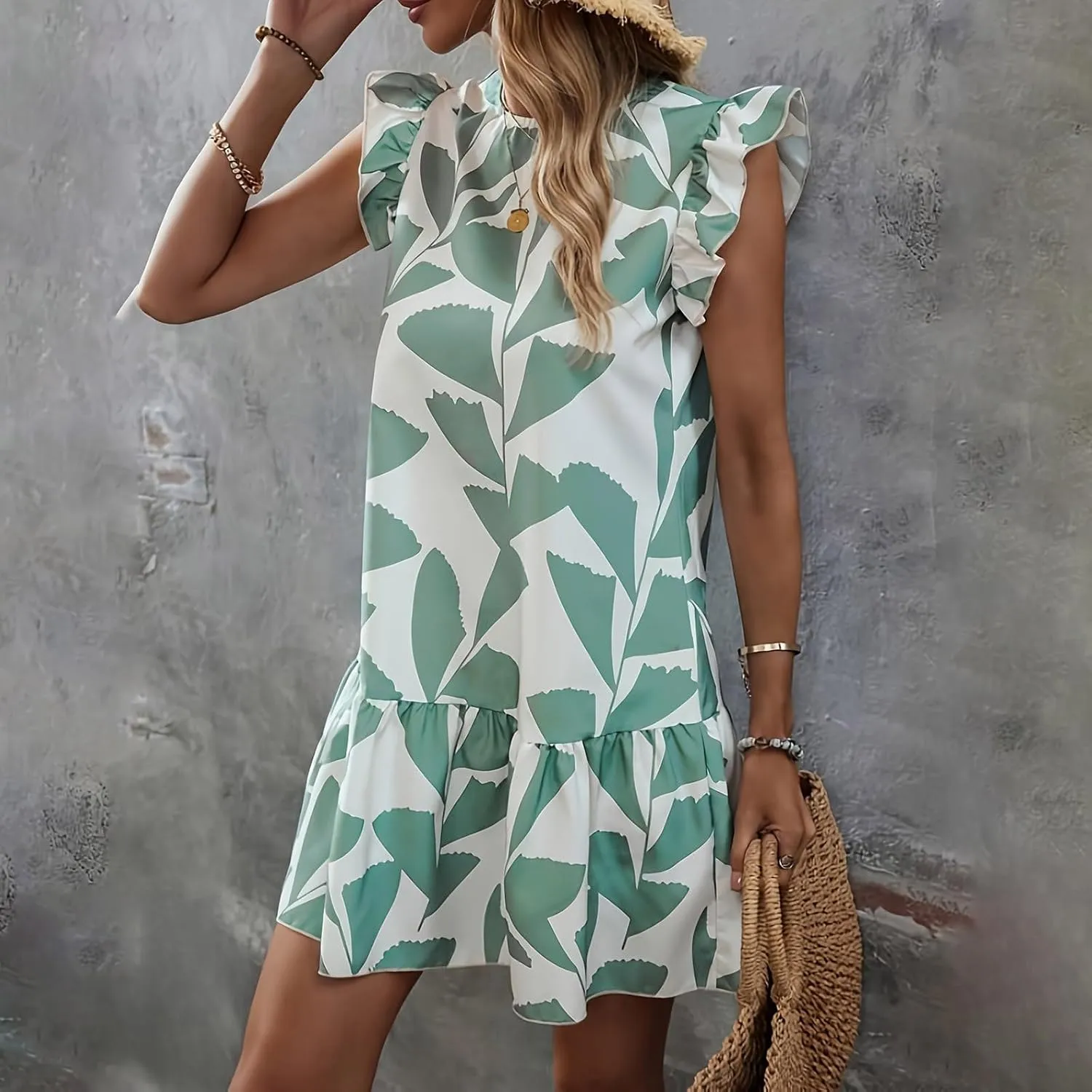 Women 2024 Summer Floral Dresses Outdoor Elegant Beach Vacation Dress Flutter Sleeve Ruffle Loose Casual Mini Sundress